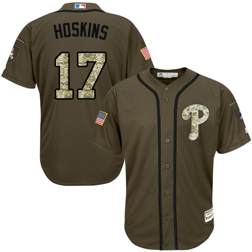 Phillies #17 Rhys Hoskins Green Salute to Service Stitched MLB Jersey - Click Image to Close
